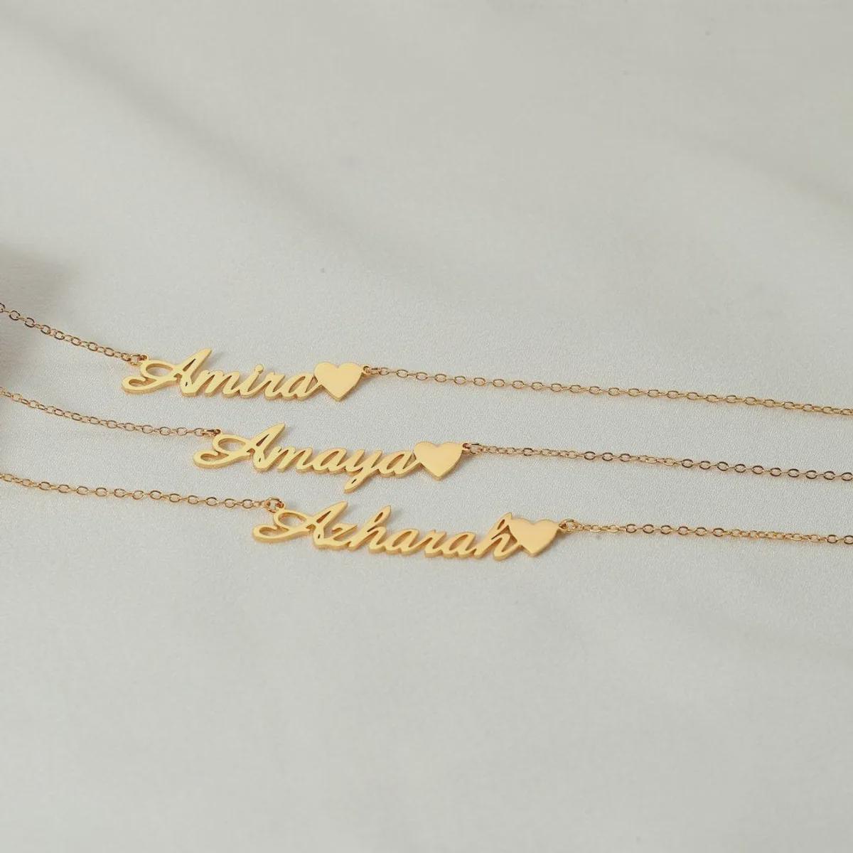 Personalised Name Necklace with Heart, Custom Gold Name Necklace, Minimalist Sterling Silver Jewellery, Gift for Her, Birthday Gift