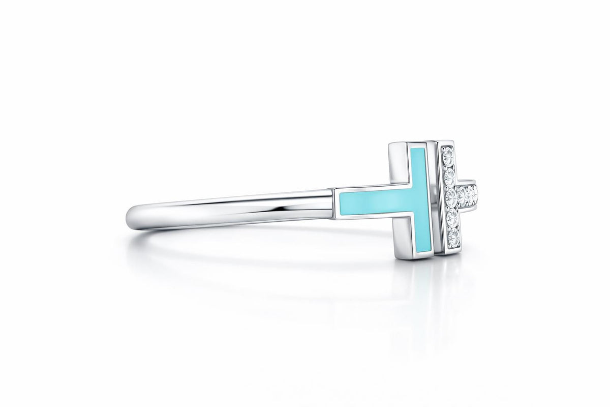 Sterling Silver T-Wire Ring – Turquoise Enamel, Cubic Zirconia, Adjustable Band