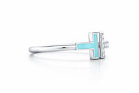 Sterling Silver T-Wire Ring – Turquoise Enamel, Cubic Zirconia, Adjustable Band