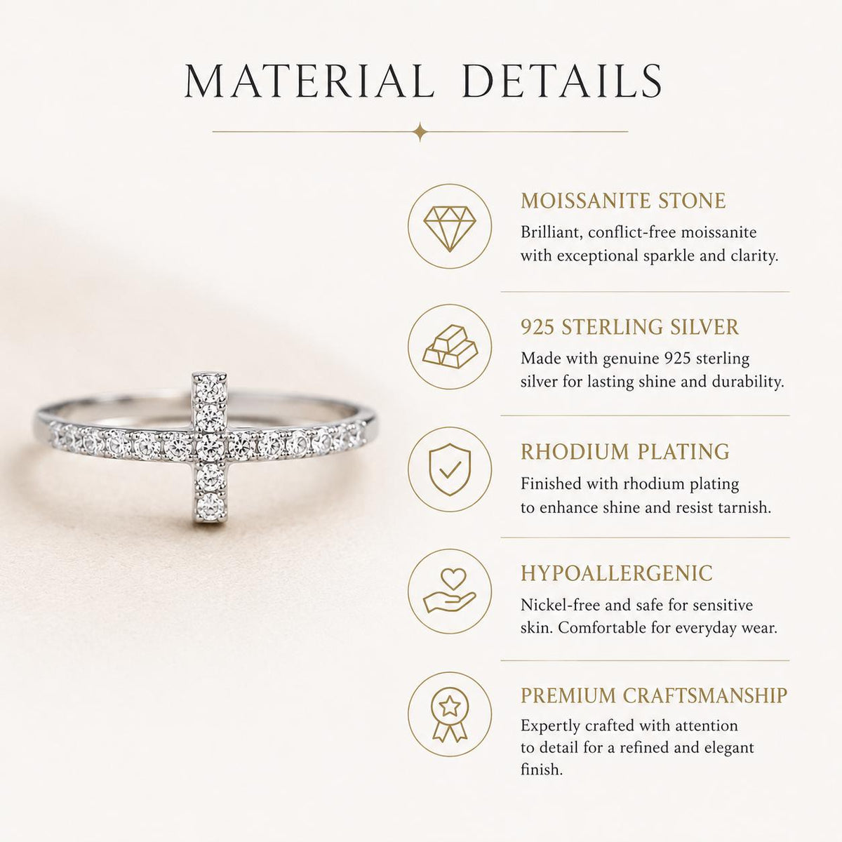 Sterling Silver Moissanite Cross Ring, Minimalist Faith Jewellery, Rhodium Plated Everyday Ring