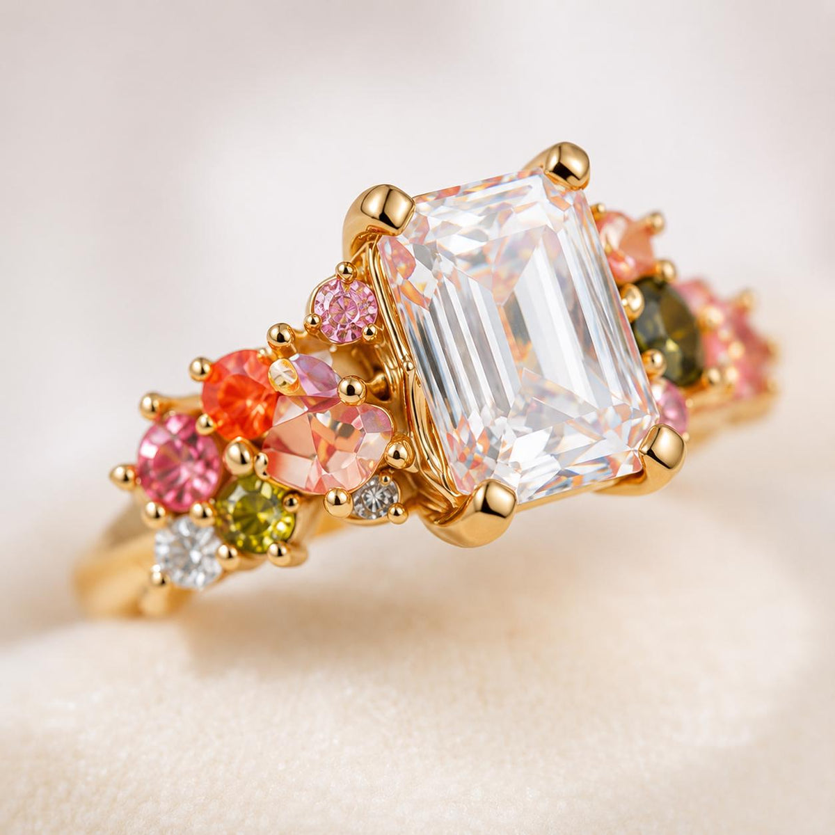 Gold Plated Sterling Silver Emerald Cut Ring, Colorful Statement Cocktail Ring