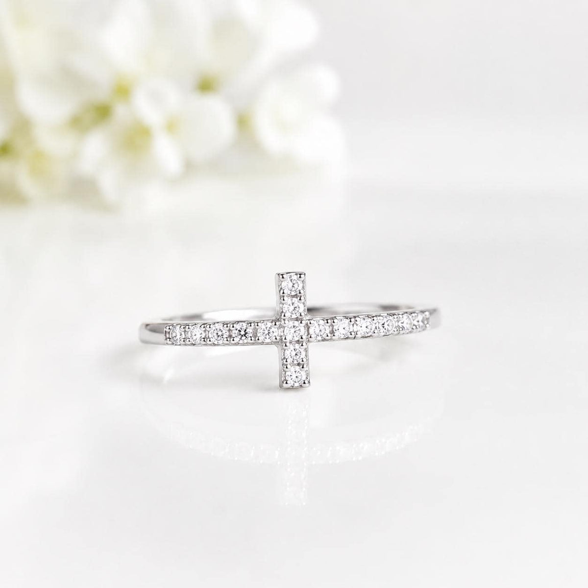 Sterling Silver Moissanite Cross Ring, Minimalist Faith Jewellery, Rhodium Plated Everyday Ring