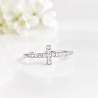 Sterling Silver Moissanite Cross Ring, Minimalist Faith Jewellery, Rhodium Plated Everyday Ring