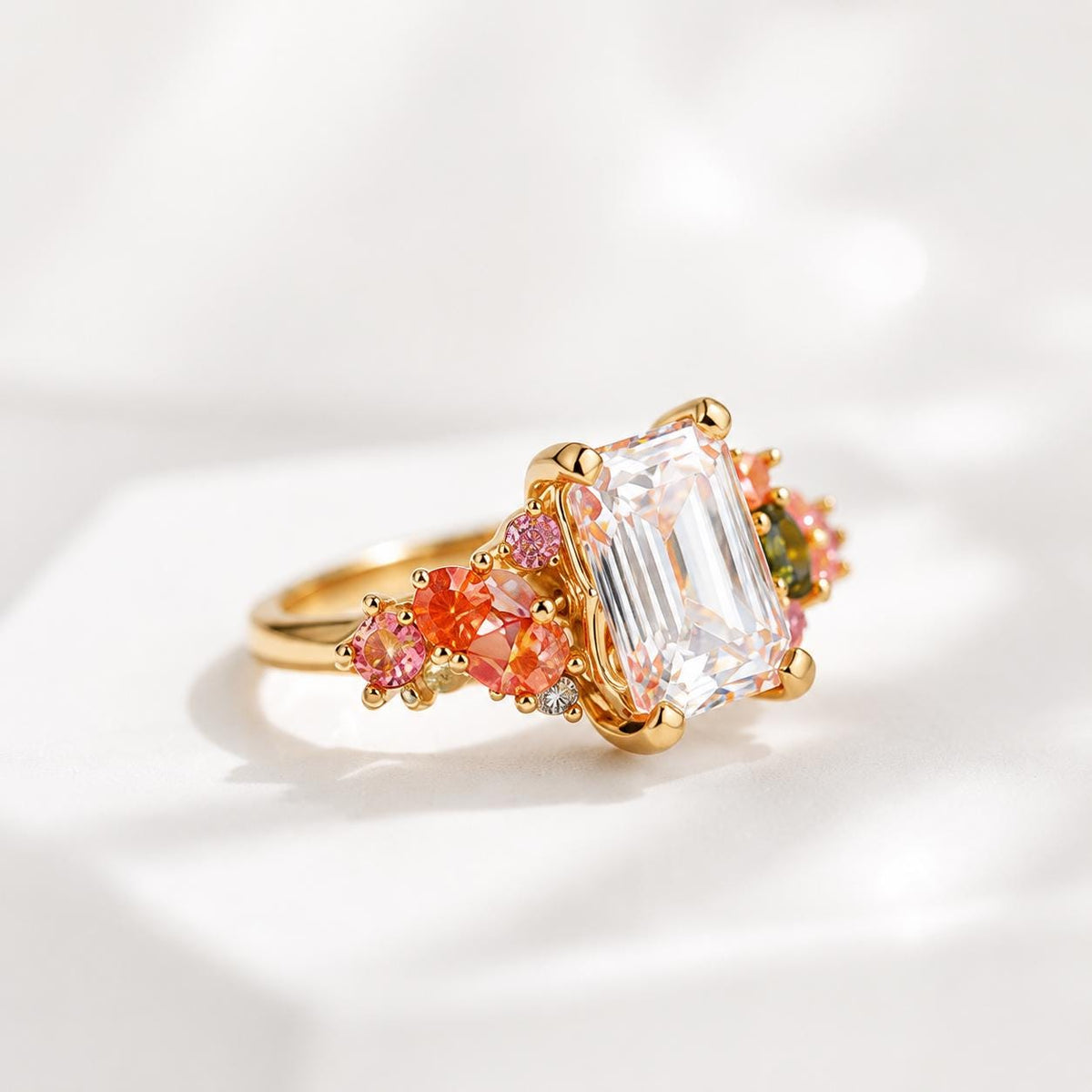 Gold Plated Sterling Silver Emerald Cut Ring, Colorful Statement Cocktail Ring
