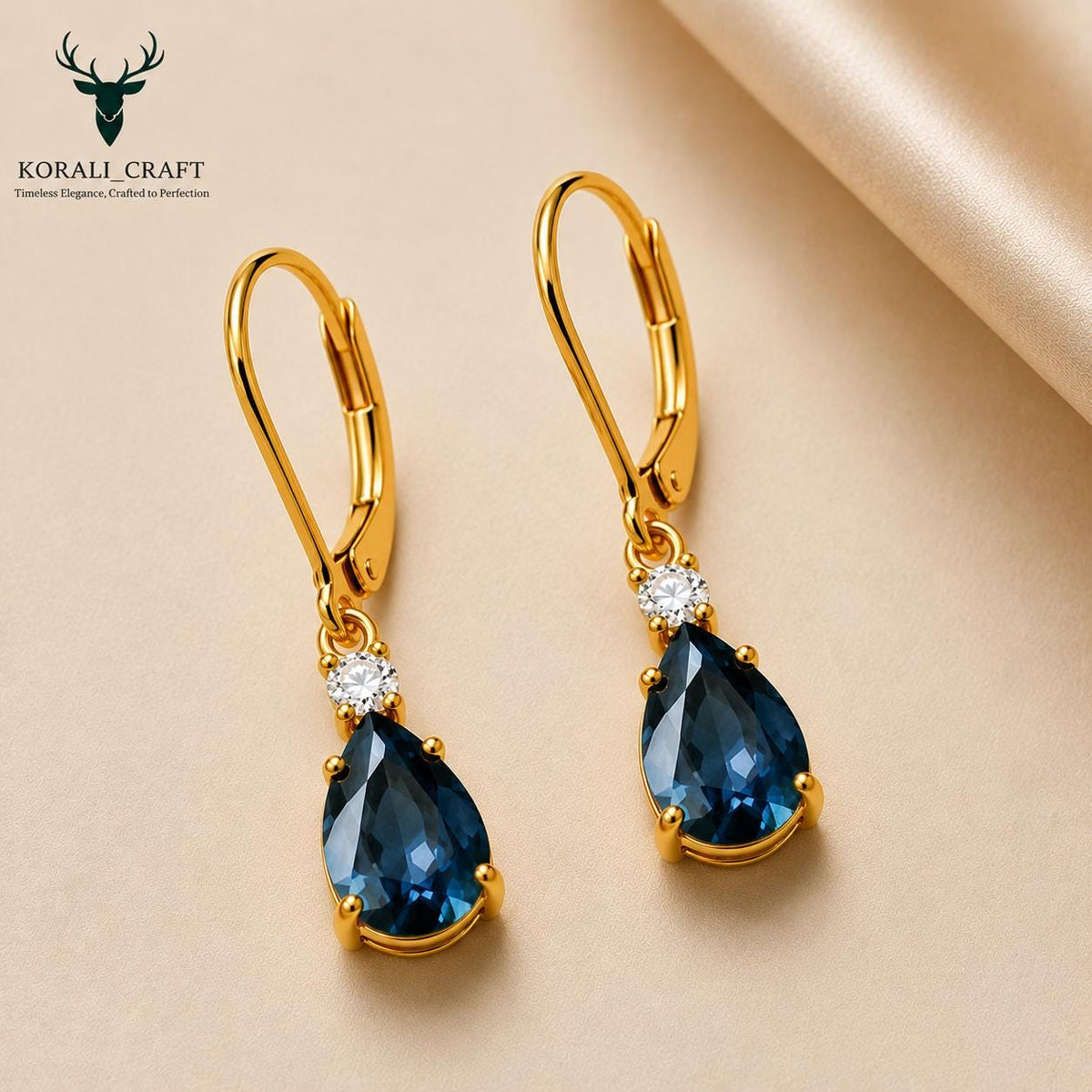 Pear Drop Earrings, 925 Sterling Silver, Blue CZ, Gold Tone, Leverback