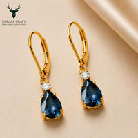 Pear Drop Earrings, 925 Sterling Silver, Blue CZ, Gold Tone, Leverback