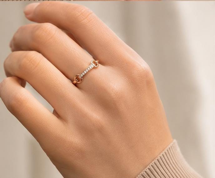 Rose Gold Sterling Silver CZ Geometric Bar Ring, Dainty Stackable Everyday Luxury