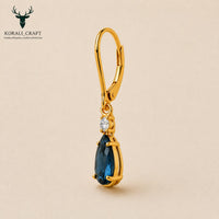 Pear Drop Earrings, 925 Sterling Silver, Blue CZ, Gold Tone, Leverback