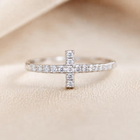 Sterling Silver Moissanite Cross Ring, Minimalist Faith Jewellery, Rhodium Plated Everyday Ring