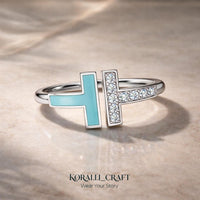 Sterling Silver T-Wire Ring – Turquoise Enamel, Cubic Zirconia, Adjustable Band