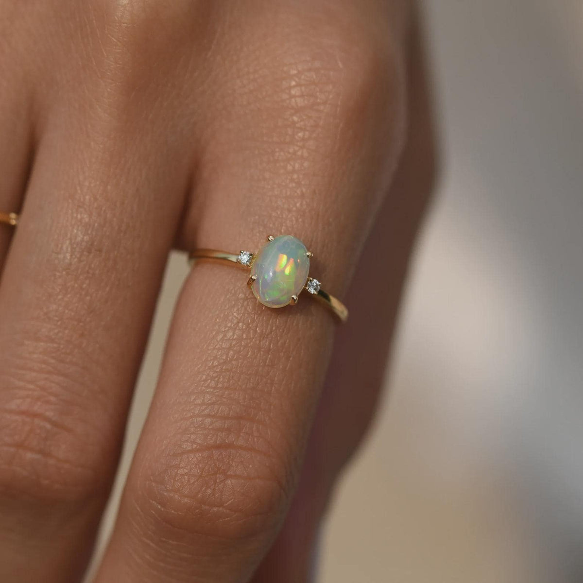 Natural Opal Stacking Ring, Gold-Plated Sterling Silver, Minimalist Engagement Ring, October Birthstone