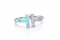 Sterling Silver T-Wire Ring – Turquoise Enamel, Cubic Zirconia, Adjustable Band