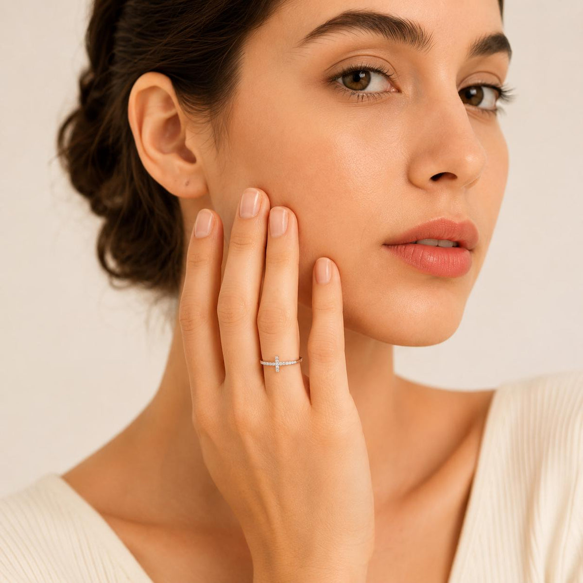 Sterling Silver Moissanite Cross Ring, Minimalist Faith Jewellery, Rhodium Plated Everyday Ring