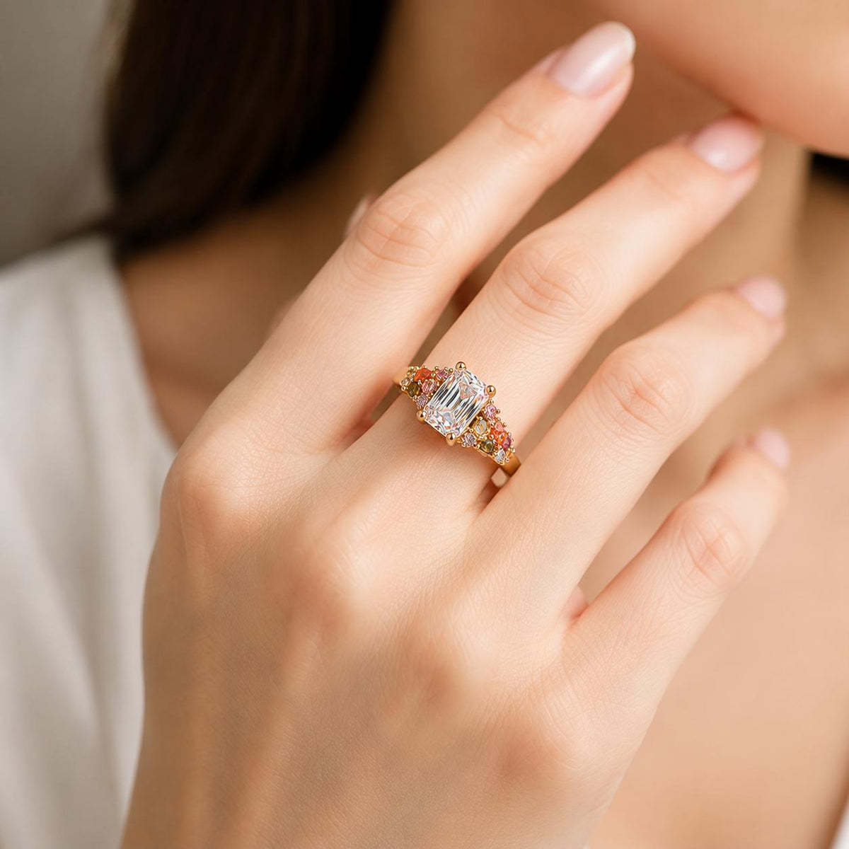 Gold Plated Sterling Silver Emerald Cut Ring, Colorful Statement Cocktail Ring