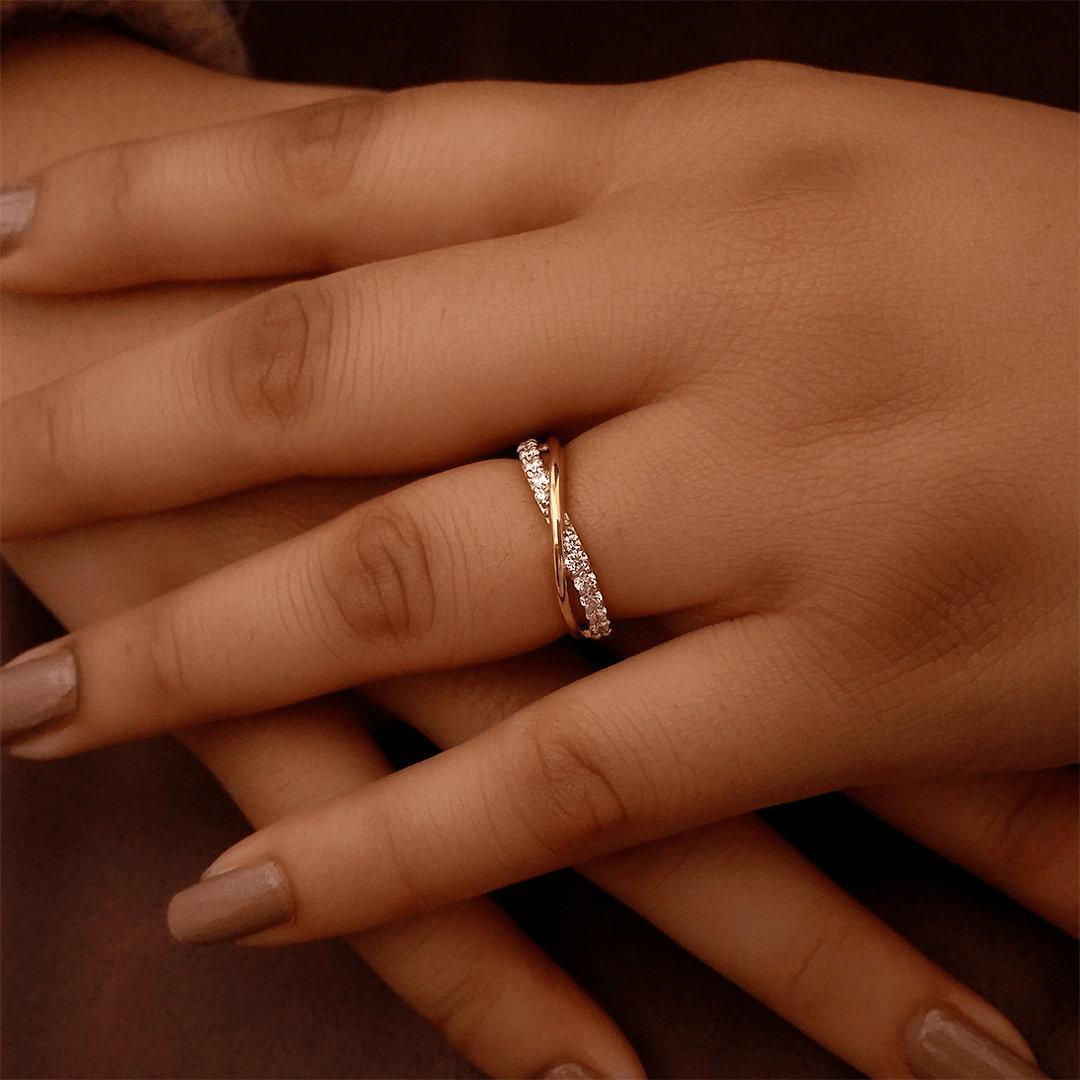 Rose Gold Twist Diamond Ring, Minimalist Pavé Promise Band