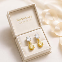 Sterling Silver Pear Drop Earrings, Two-Tone Gold Bezel Earrings, Yellow Cubic Zirconia Dangle Earrings, Gift for Her