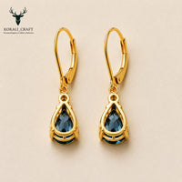 Pear Drop Earrings, 925 Sterling Silver, Blue CZ, Gold Tone, Leverback
