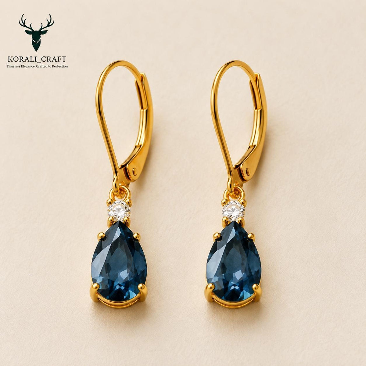 Pear Drop Earrings, 925 Sterling Silver, Blue CZ, Gold Tone, Leverback