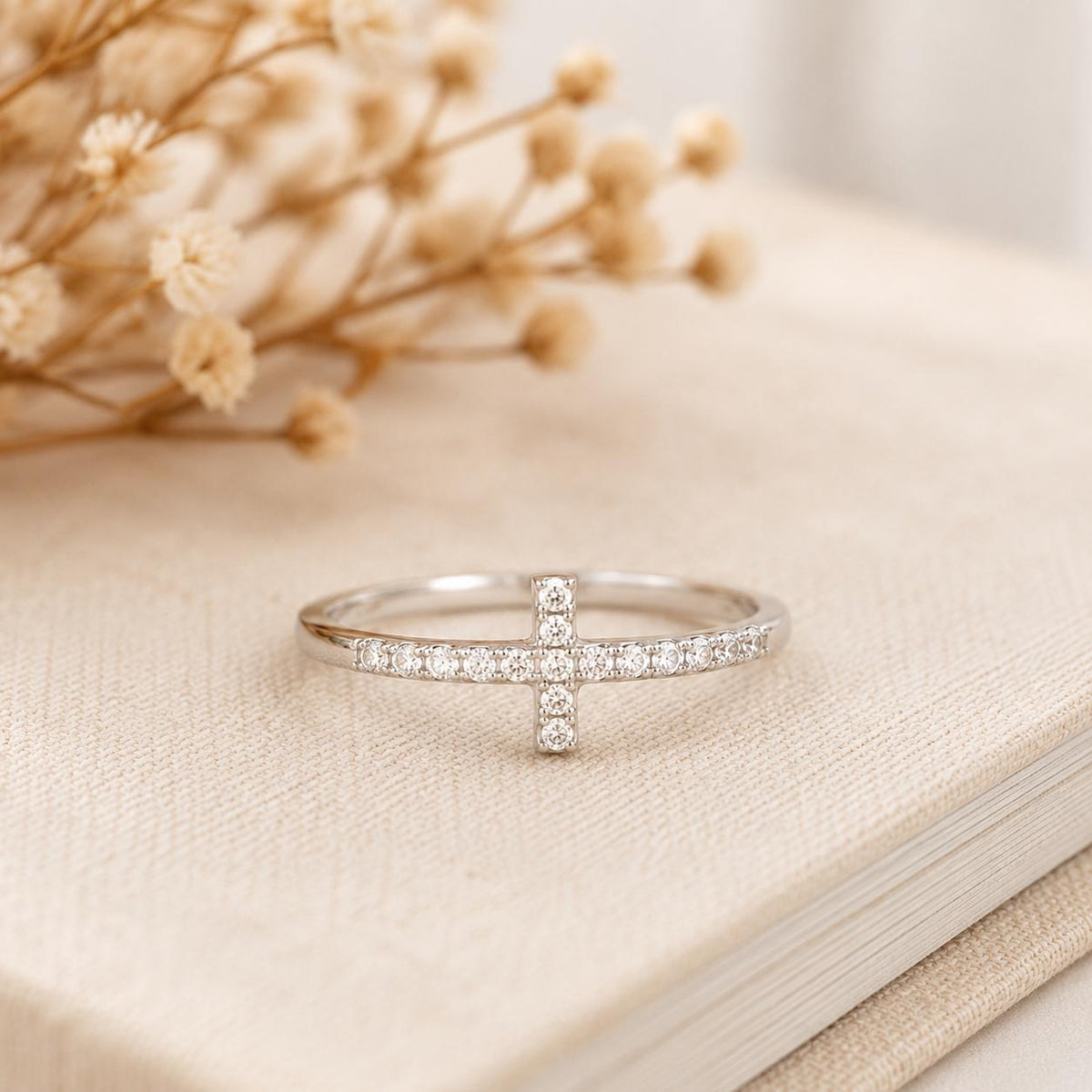 Sterling Silver Moissanite Cross Ring, Minimalist Faith Jewellery, Rhodium Plated Everyday Ring