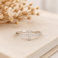 Sterling Silver Moissanite Cross Ring, Minimalist Faith Jewellery, Rhodium Plated Everyday Ring