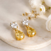 Sterling Silver Pear Drop Earrings, Two-Tone Gold Bezel Earrings, Yellow Cubic Zirconia Dangle Earrings, Gift for Her