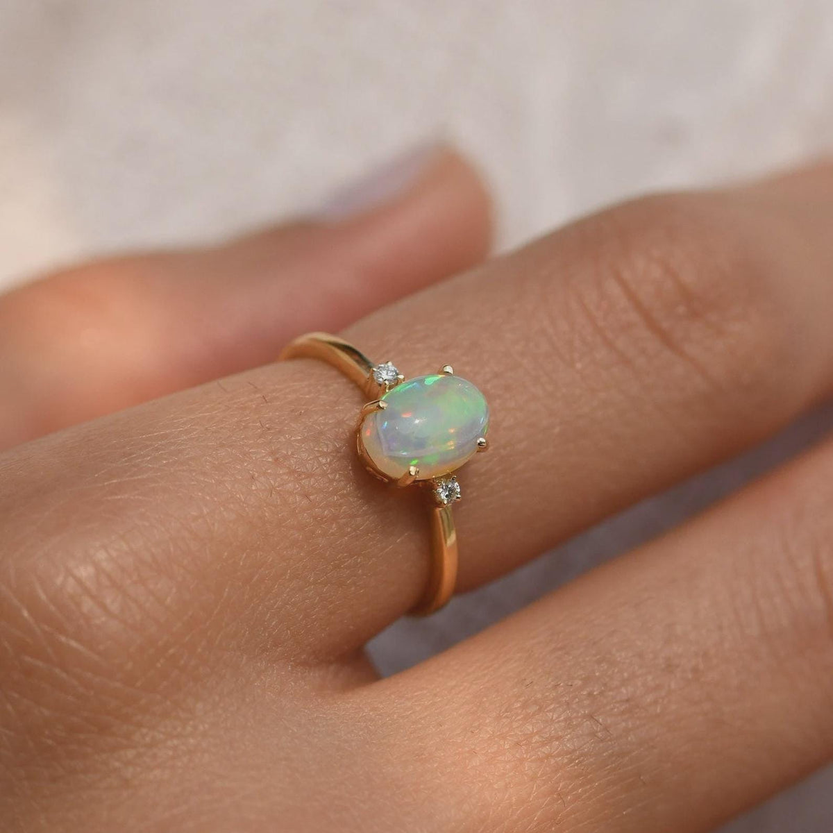 Natural Opal Stacking Ring, Gold-Plated Sterling Silver, Minimalist Engagement Ring, October Birthstone