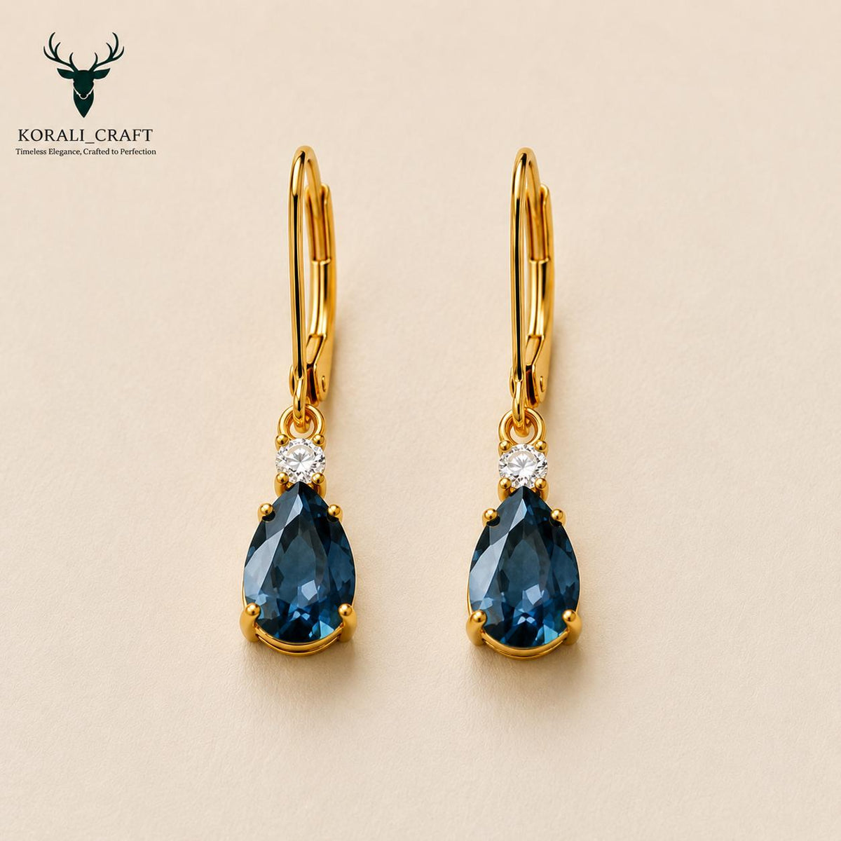 Pear Drop Earrings, 925 Sterling Silver, Blue CZ, Gold Tone, Leverback