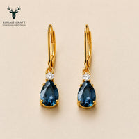 Pear Drop Earrings, 925 Sterling Silver, Blue CZ, Gold Tone, Leverback