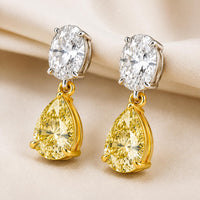 Sterling Silver Pear Drop Earrings, Two-Tone Gold Bezel Earrings, Yellow Cubic Zirconia Dangle Earrings, Gift for Her