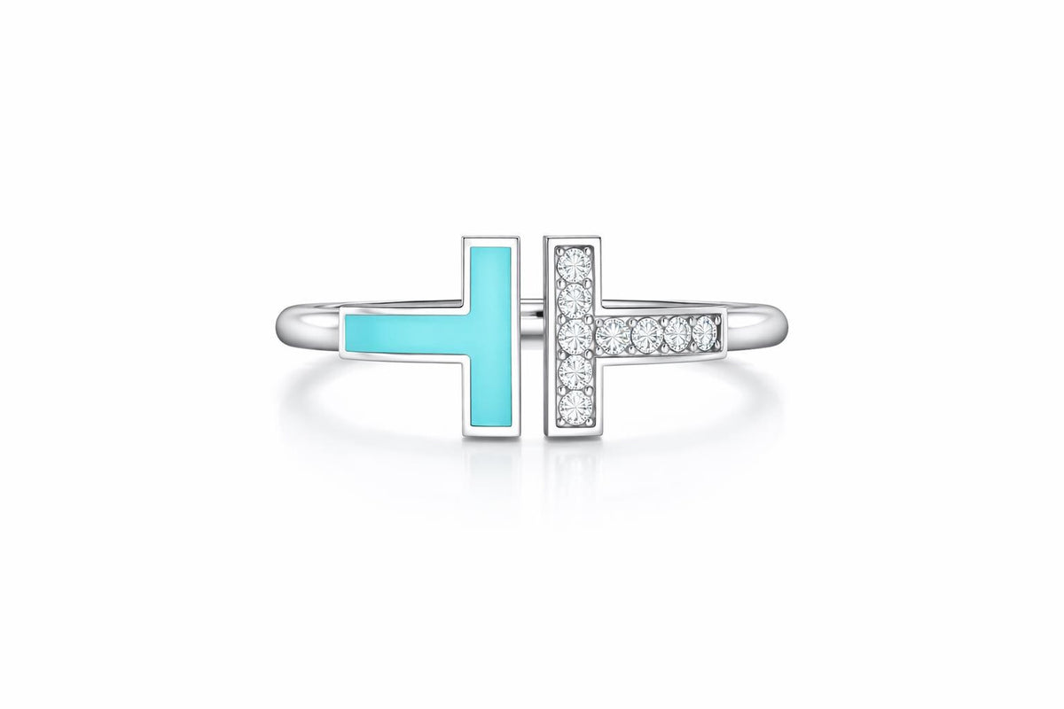 Sterling Silver T-Wire Ring – Turquoise Enamel, Cubic Zirconia, Adjustable Band