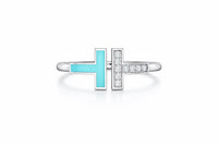Sterling Silver T-Wire Ring – Turquoise Enamel, Cubic Zirconia, Adjustable Band